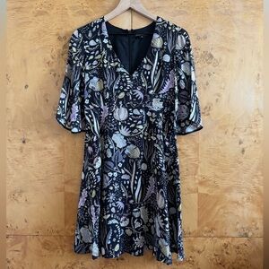 Jill Stuart Serin Botanical Print Flutter Sheer Sleeve Fit Flare Dress - Size 4